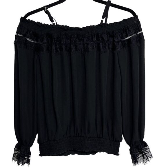 BCX Off the shoulder lace trim Long Sleeve Blouse Black Size Small - Picture 4 of 5